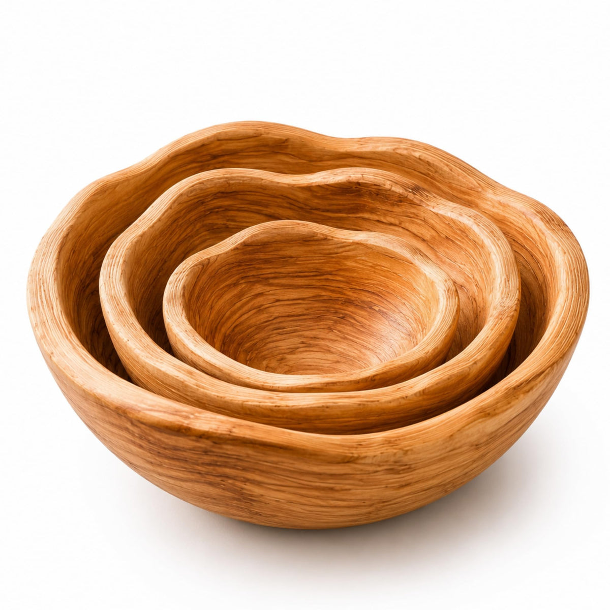 Hushee Set of 3 Wooden Bowls Decorative 8"-14" Handmade Natural Wood Fruit Bowl Creative 3 Sizes Rustic Keys Serving Wood Dish Decor for Entryway Kitchen Counter Bread Salad Snack Dough Candy Dish