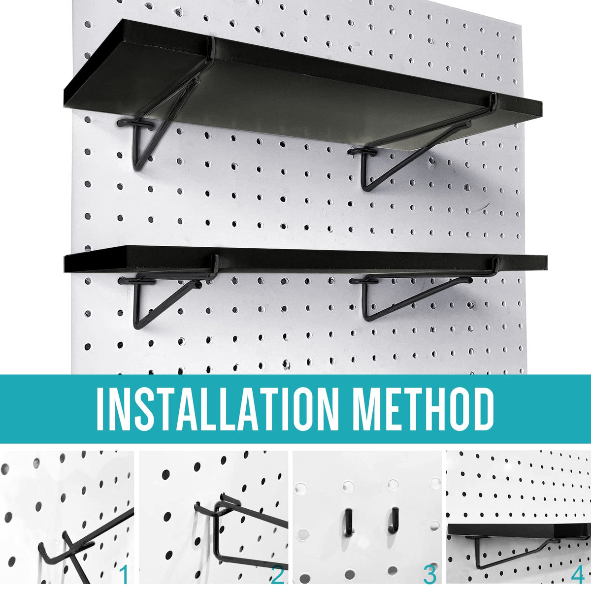 HJW Pegboard Shelf Black, 4 Pack Wooden Pegboard Shelves with Metal Pegboard Shelf Brackets Pegboard Hooks, for Craft Room, Home, Kitchen, Garage