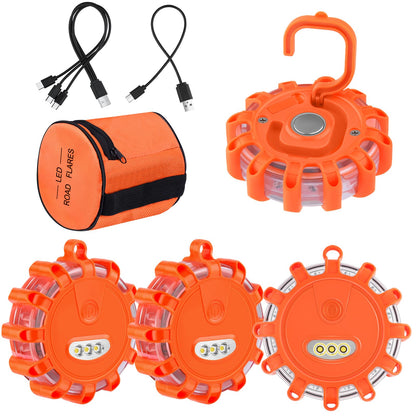 AK LED Road Flares Rechargeable Safety Flashing Warning Light Roadside Emergency Disc Beacon Kit for Vehicles Boats with Magnetic Base & Hook & USB Charging Cables (4 Pack)