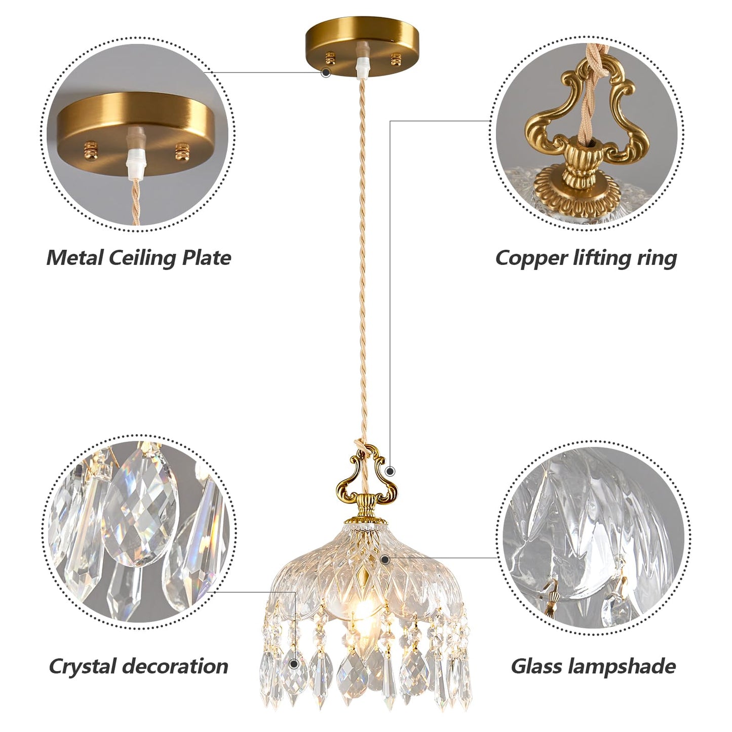 JXJYHL Brass Vintage Glass Pendant Light Crystal Hanging Light Fixtures,Adjustable Height Single Head Pendant Lights for Dining Room Living Room Bedroom Hallway(1-Pack)
