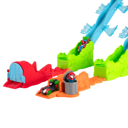 Marvel Spidey and His Amazing Friends Spidey’s Mega Jump HQ Track - 39-Inch Dual Race Track with Elevator, Control Center, Web Tunnels and Two Exclusive Amazing Metals Vehicles