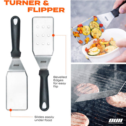 OUII Flat Top Griddle Accessories for Blackstone and Camp Chef Griddle - 9 Pieces Set with Griddle Cleaning Kit and Carry Bag! Metal Spatula, Scraper for Hibachi and Teppanyaki Grill