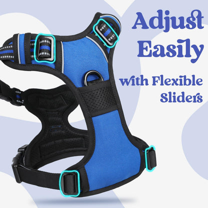 rabbitgoo Dog Harness Medium with Neck Release Buckle, Adjustable No Pull Harness with Front Back Clips, Soft Padded with Easy Control Handle, Reflective Pet Walking Vest, Blue, M