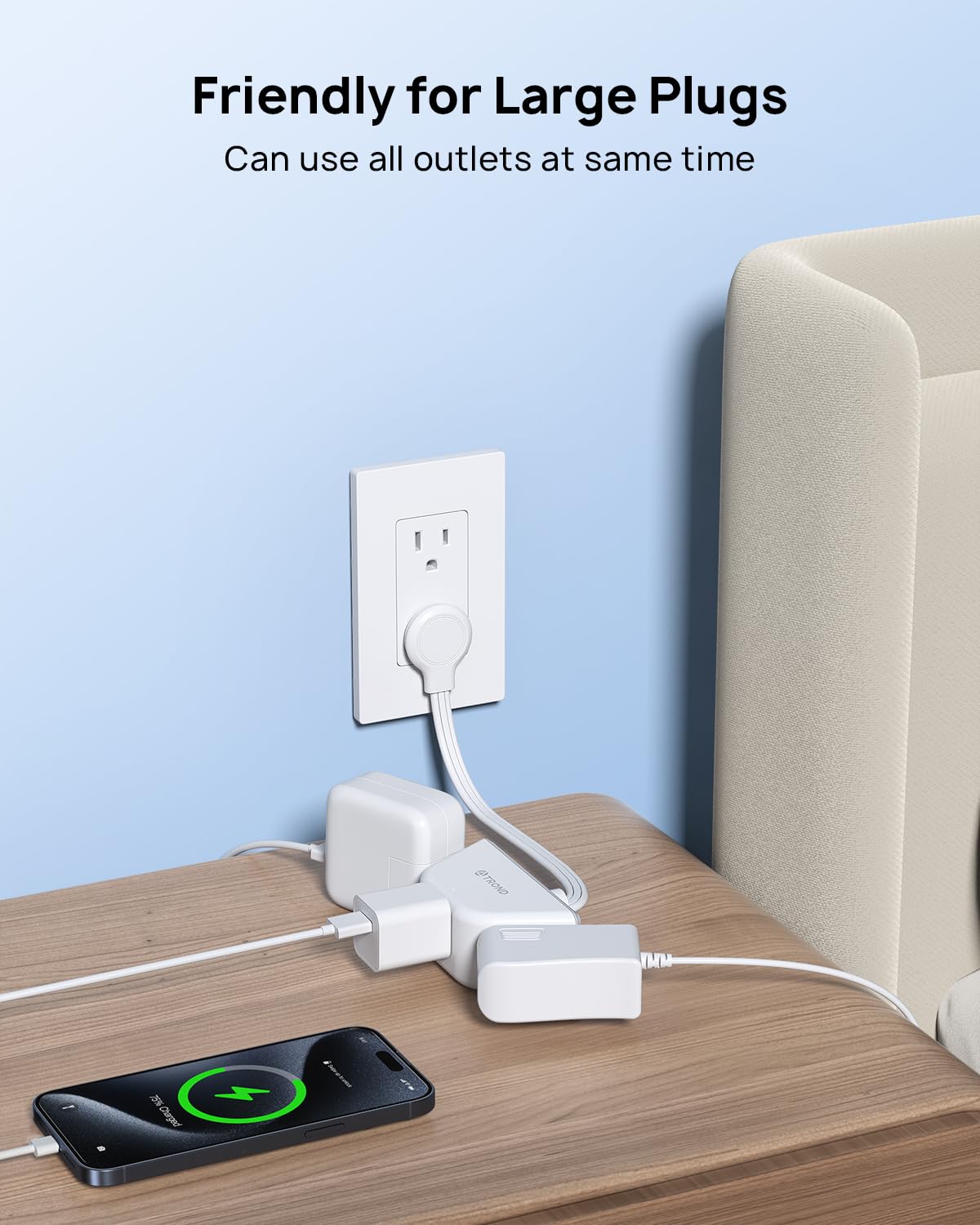 TROND Multi Plug Outlet Extender 2 Pack - Electrical Wall Splitter, 3 Way Angled Wall Outlet Adapter, Cruise Essentials, Small Multiple Plug Expander for Cruise Ship Home Office Dorm Room, White