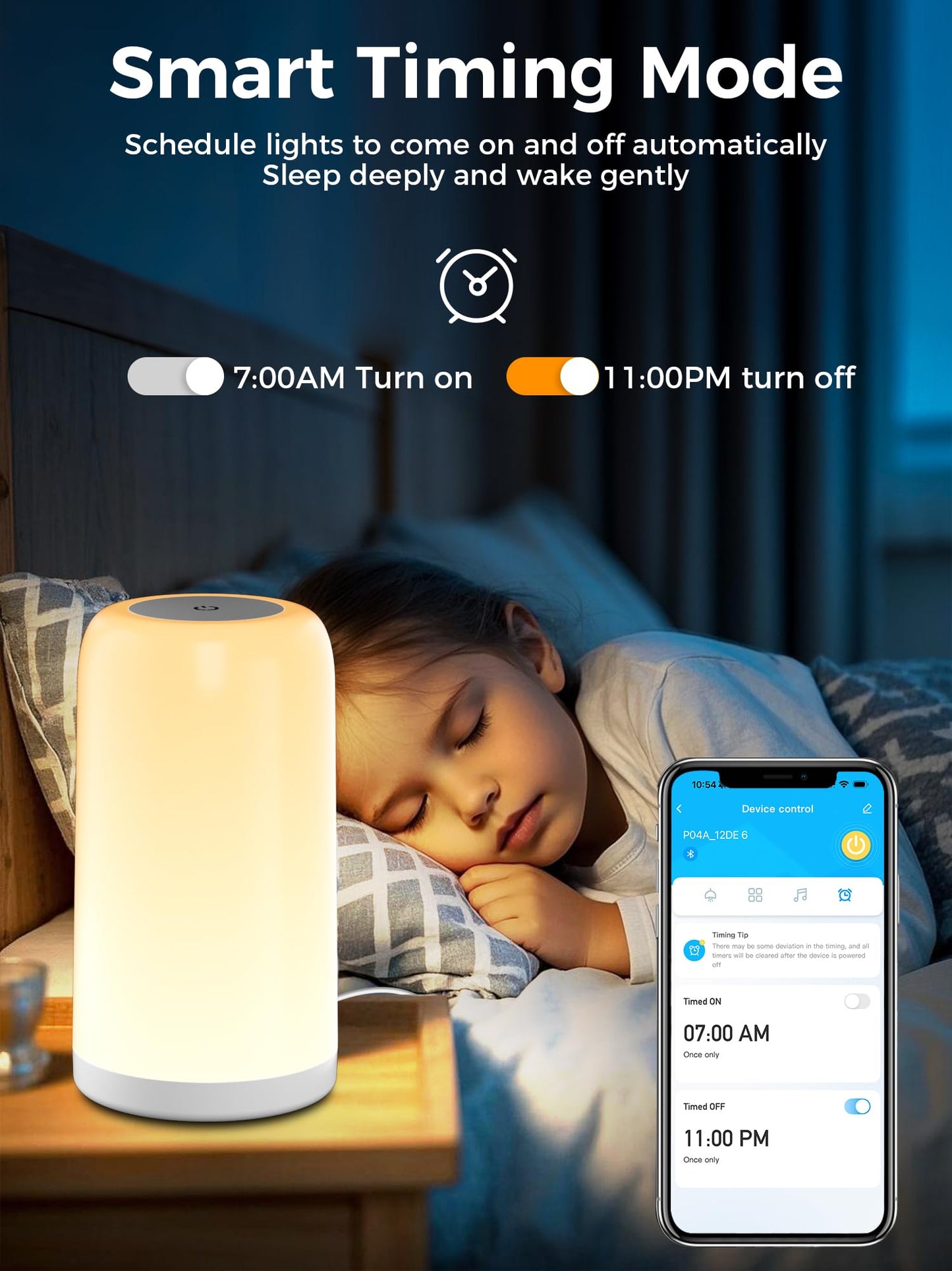 VOLIVO Smart Touch Bedside Table Lamp, Dimmable Night Lamp, Plug-in Table Lamp, Timing Function via Bluetooth Connection APP, Suitable for Living Room, Bedroom, Nursery, Office - Home Decoration Gift.