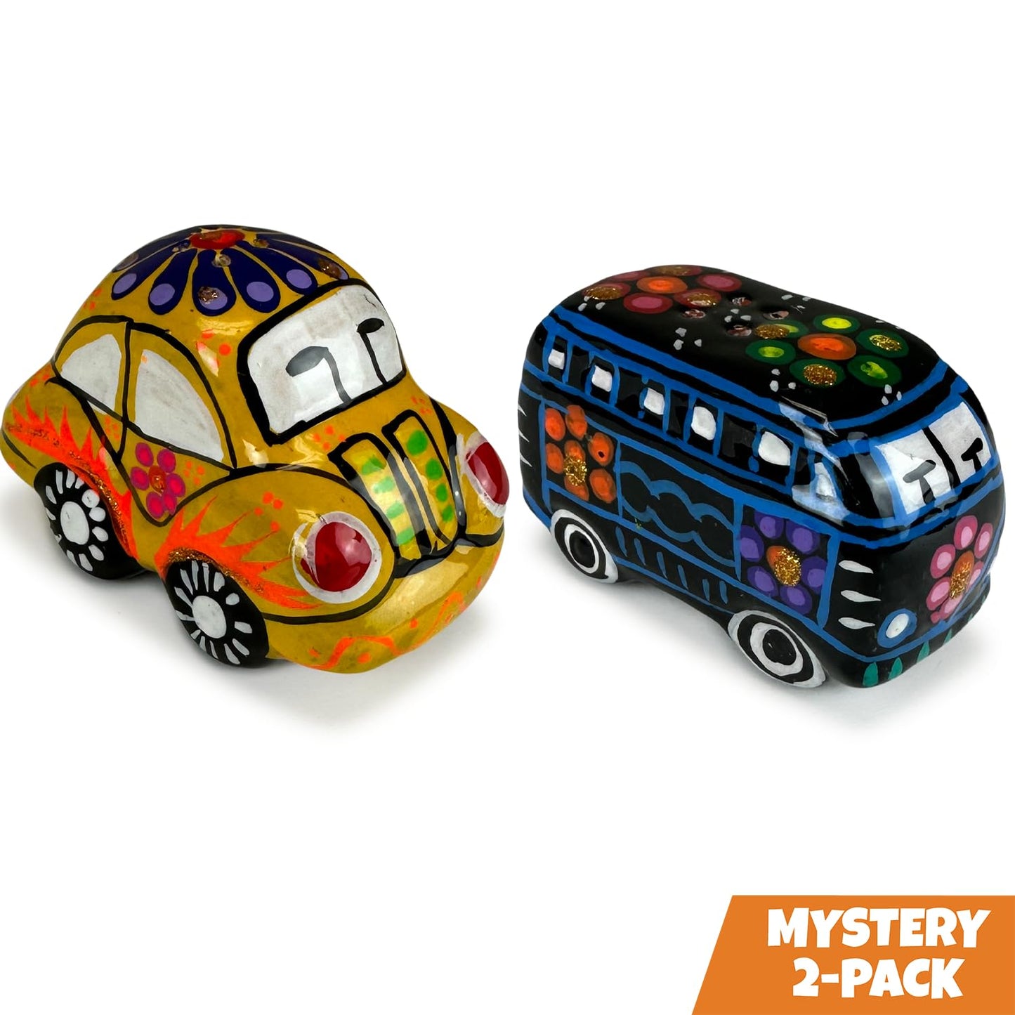 FFX Artesania Mexican Salt Shaker - Retro 60's Hippie Artisan Car and Mini Bus Design - Carrito y Autobus - Handcrafted Saleros de Ceramica Carro y Camion Set - Vibrant Colors Hand Made