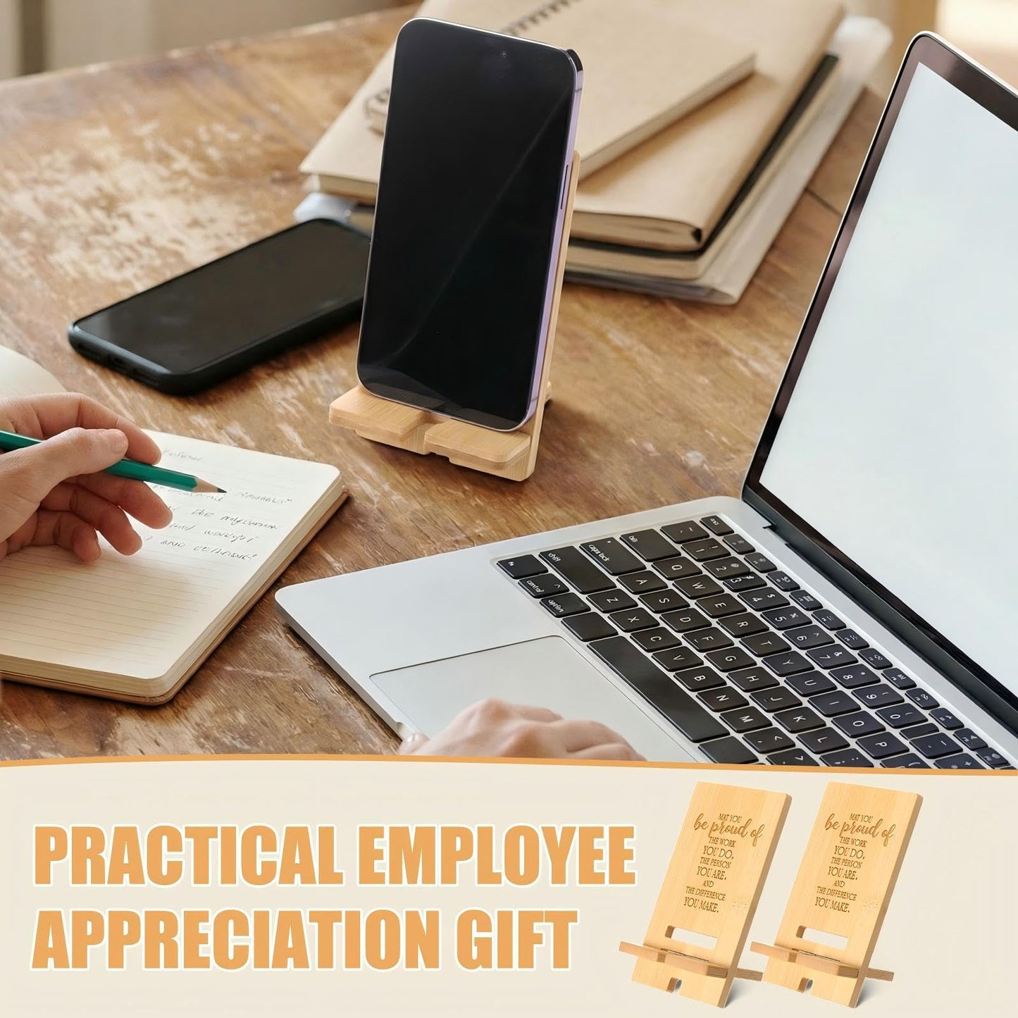 Novabright 12 Sets Employee Appreciation Gifts Bulk Bamboo Wooden Phone Stand for Desk with Greeting Cards Organza Bags Thank You Gifts for Coworkers Nurse Teacher Staff Office
