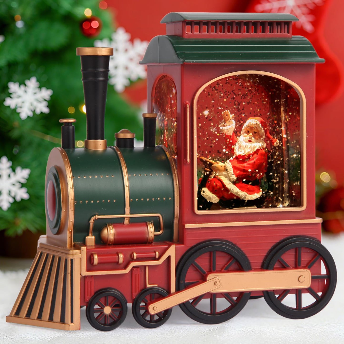 Train Christmas Snow Globe, Santa in Musical Train LED Glittering with 6H Timer Battery & USB Powered, Retro Style Holiday Glitter Globe for Xmas Home Decoration Holiday Party Gifts