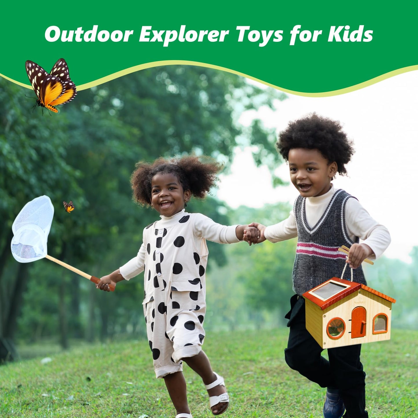 SimpliPlay Kids Explorer Kit & Bug Catcher for Kids, Outdoor Toys with Large Portable Wooden Bug Habitat, Butterfly Net, Magnifier, Observation Cup, 15 Insect Cards for Toddler 3-8 Year Old Boy Gift