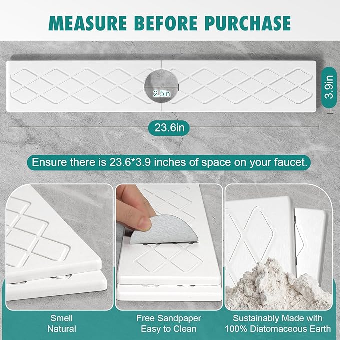 23.6 Inch Stone Faucet Mat for Kitchen Sink, Diatomite Absorbent Fast Drying