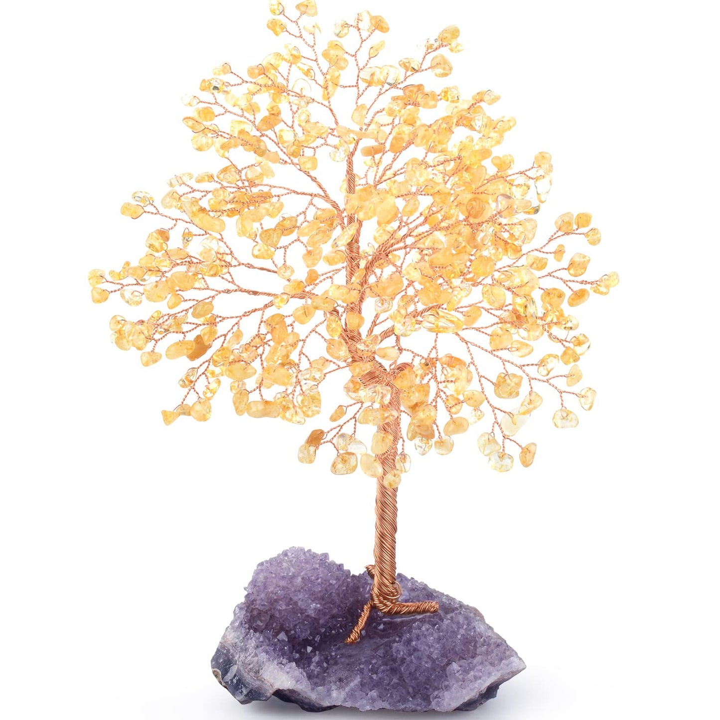 MASGEMES Gemstone Crystal Tree of Life,Natural Citrine(406 Stones Count) with Amethyst Cluster Base,Chakra Healing Crystals Positive Energy Fengshui Bonsai Money Tree Gift 8.5"-9"