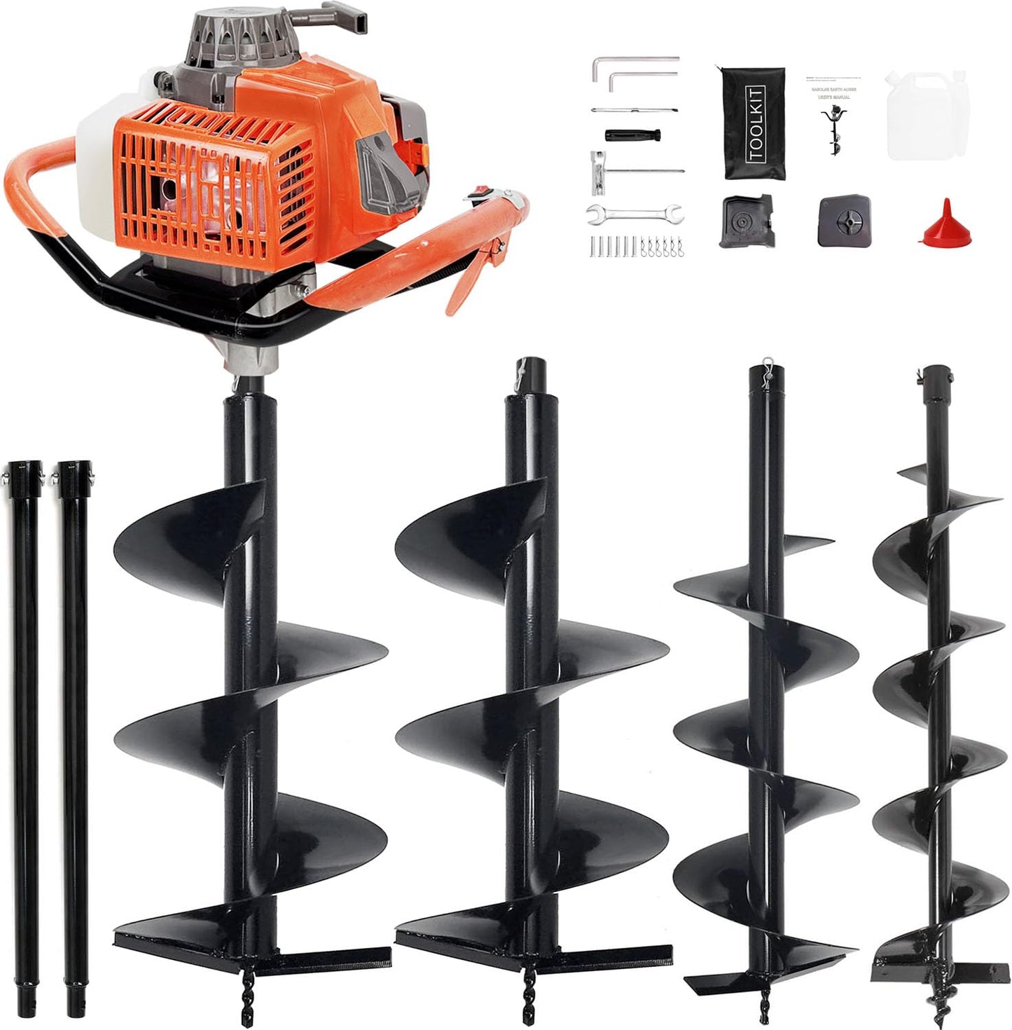 XJADQW 72CC 2-Stroke Gas Powered Post Hole Digger with 3" & 5" & 8" Auger Bits + 24“ & 24" Extension Rod, Heavy Duty Earth Auger for Farm, Garden, Landscaping, Construction