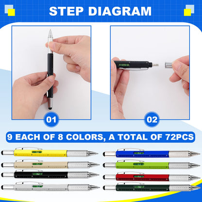 Zhanmai 72 Pcs Christmas Multitool Pen Gifts Bulk 6 in 1 Tool Pen with Level Gauge Ruler, Screwdriver, Stylus & 80 Replacement Refills, Unique Birthday Gifts for Men(Multicolor)