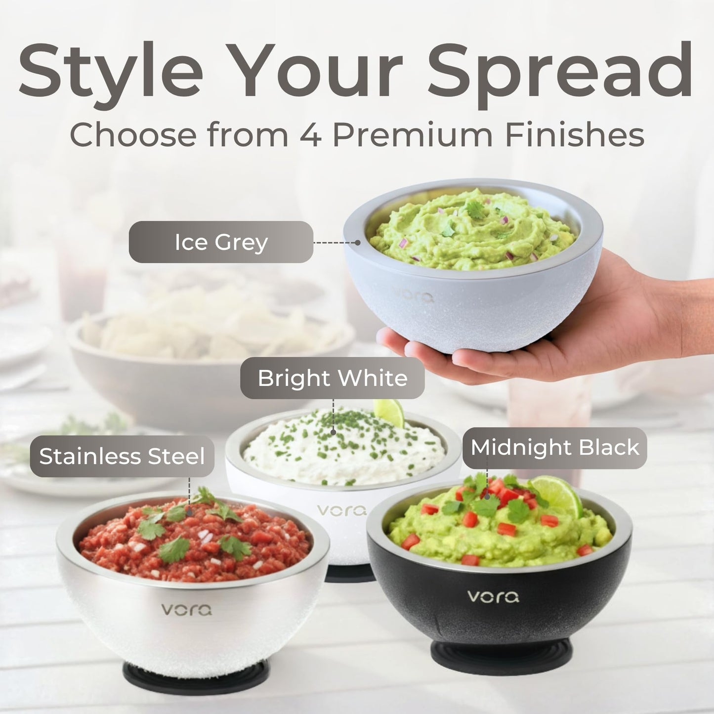 Vora 18oz Dip Chiller Bowl | Iced Grey Stainless Steel Chilled Dip Bowl for Dips, Guacamole, Hummus, Salsa | Insulated Serving Dishes with Easiest Water Fill & Refillable Chamber