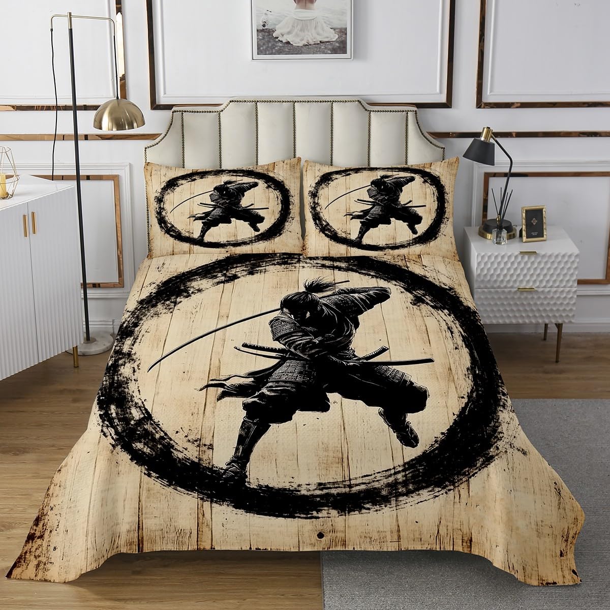 Homewish Japanese Swordsman Bedspread King Size,Retro Samurai Bedding Set 3Pcs for Kids Girls Boys Adult Room Decor,Black Ink Graffiti Quilt Comforter Rustic Brown Wooden Coverlet,2 Pillowcases