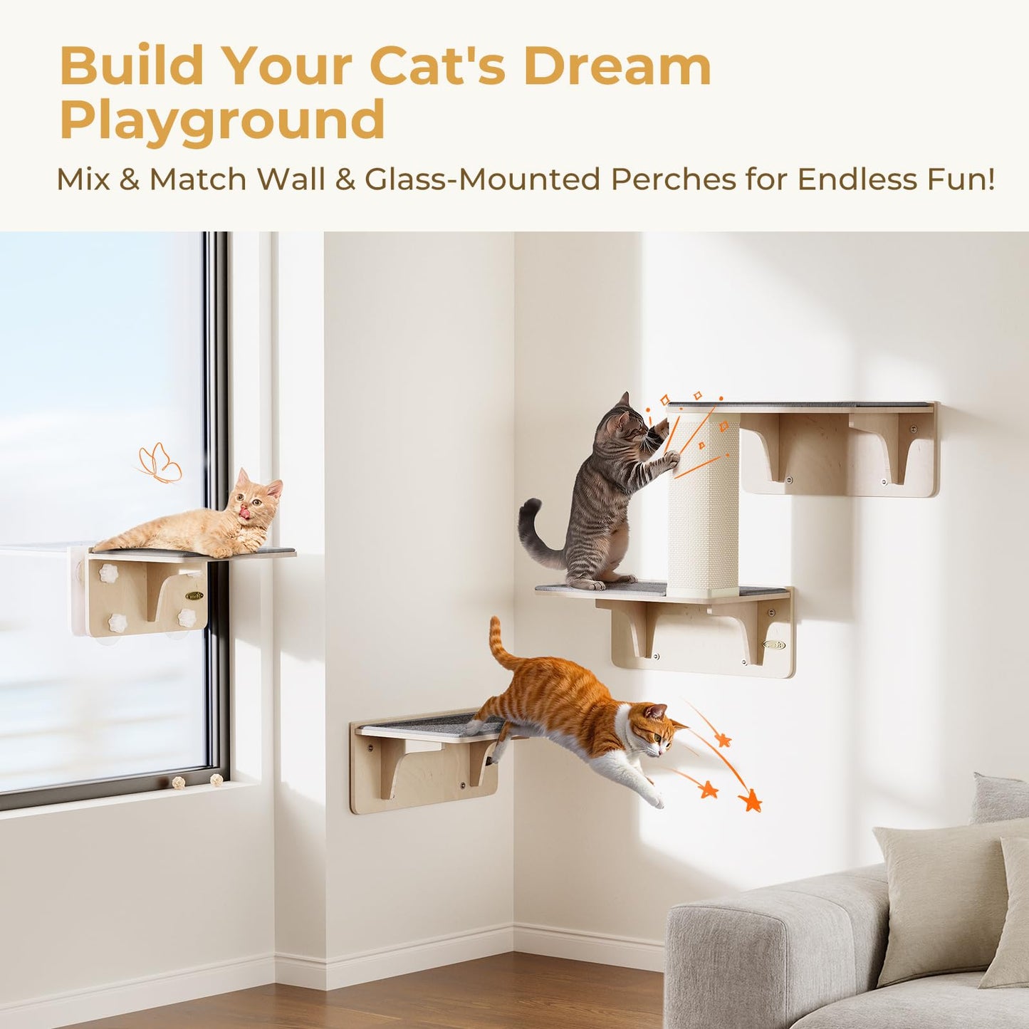 Pecute Cat Window Hammock & Wall Shelf, Sturdy Solid Wood Frame, 4 Swivel Suction Cups, Cat Window Bed Anti-Scratch & Washable Carpet Cover, Space-Saving Suitable for Cats Sunbathing, Hold Up to 18kg