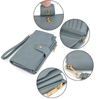 UTO Wallet for Women RFID Blocking Ladies Wristlet Purse 21 Card Slots Phone Pocket Synthetic Leather Grey Blue