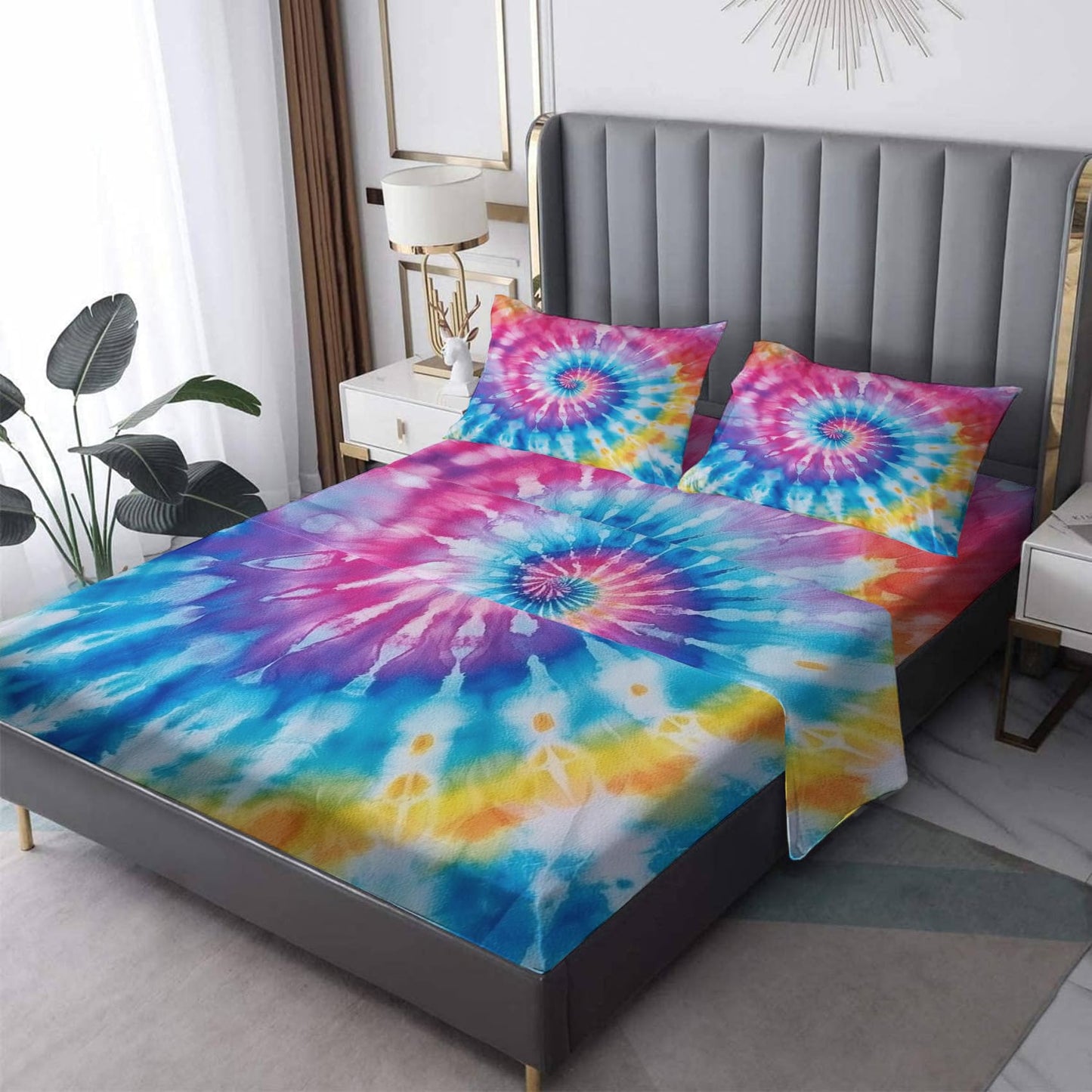 zcsm King Size Sheets Set - Tie Dye Bed Sheets, Colorful Bedding Sheets & Pillowcases, Soft Microfiber & Deep Pocket & Wrinkle Free Patterned Sheet Set, 1 Fitted Sheet, 1 Flat Sheet, 2 Pillow Cases