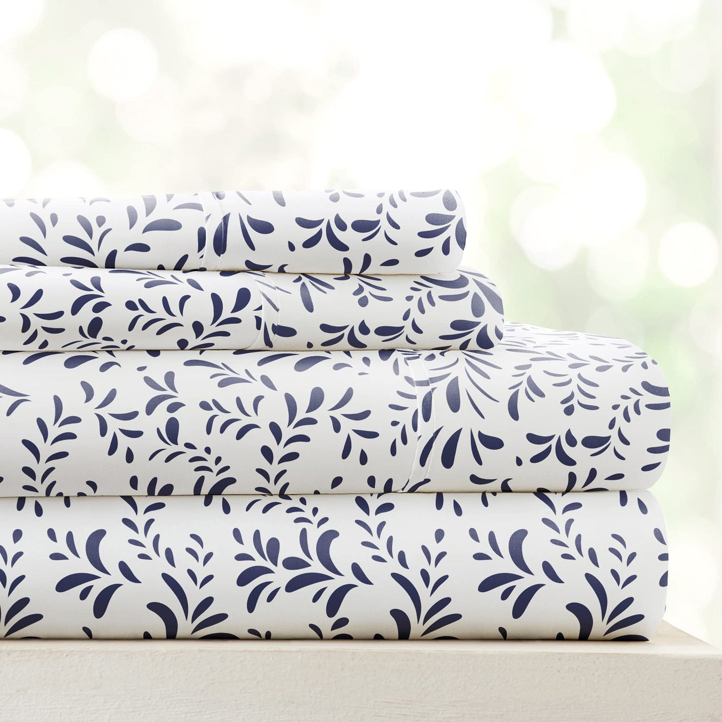 Linen Market 4 Piece King Sheet Set - Breathable, Double-Brushed Patterned Cooling Sheets – Oeko-TEX Certified Ultra Soft & Wrinkle-Free 16" Deep-Pocket King Sheets - Easy Care Burst of Vines Navy