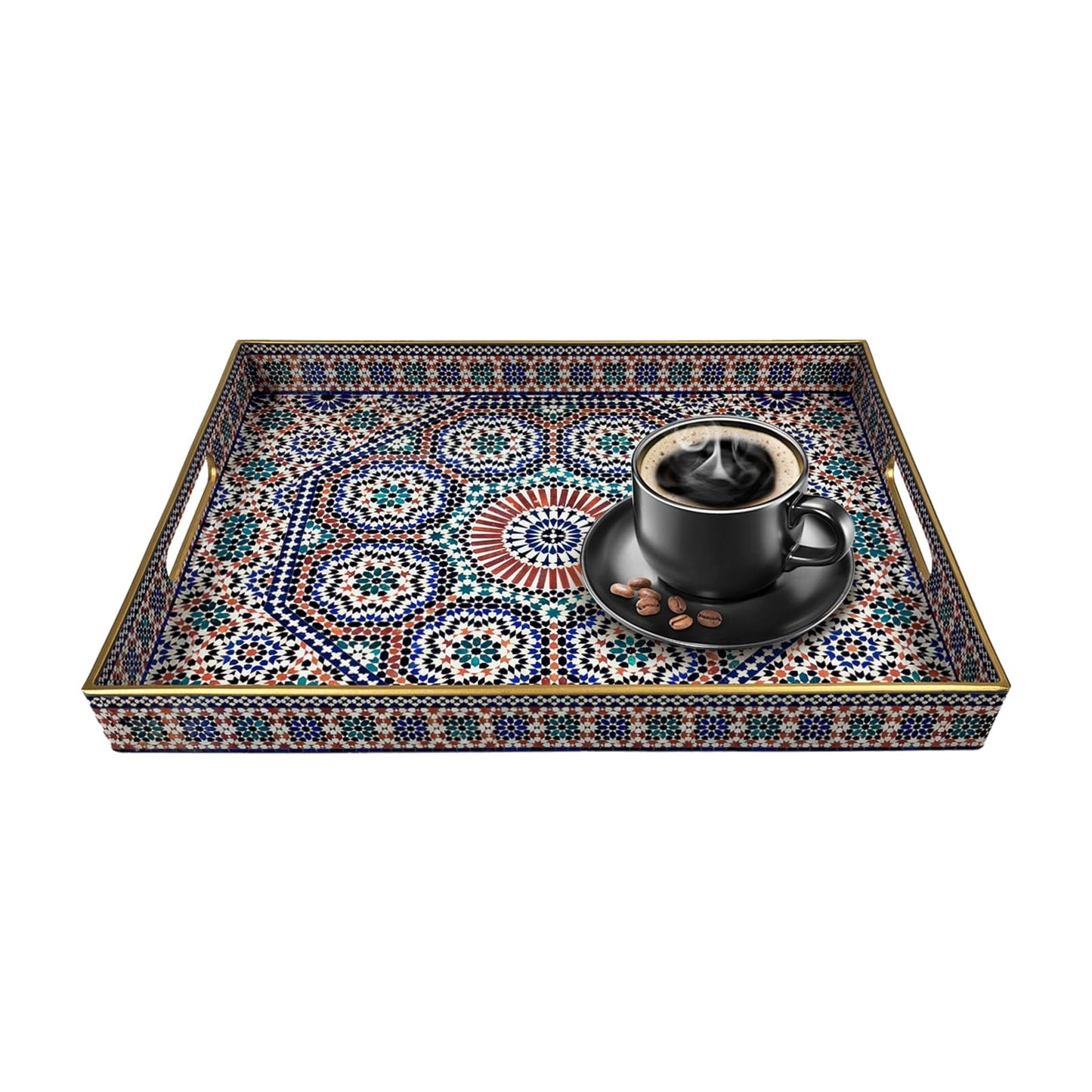 Plastic Coffee Trays,Serving Tray,Bohemian Blue Tray,15.7" L x 11.8" W x 1.57" H,Lightweight and Non-Slip with Handles,Perfect for Restaurants,Cafés,and Home Use(Rectangle Bohemian Blue)