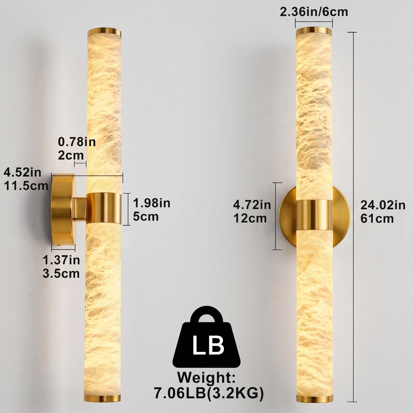 OSRoyce Alabaster Wall Sconces, 24" Brass Wall Sconce, Cylinder Natural Spanish Marble Sconces Wall Lighting, Modern Gold Dimmable Wall Lights for Living Room Bedroom Bathroom Stairs Hallway Entryway