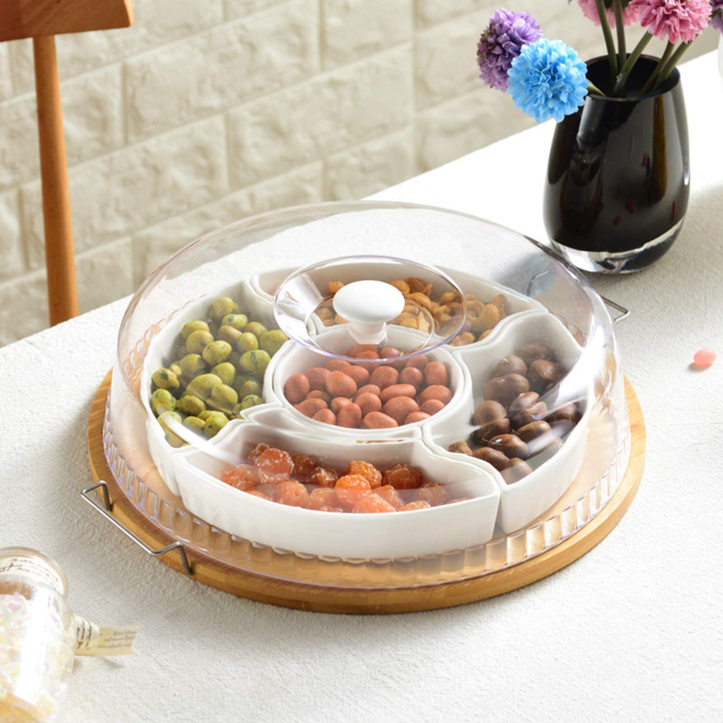 yarlung Ceramic Divided Serving Dishes Platter with Clear Lid, 11 Inch Bamboo Appetizer Tray with Handles 5 Removable Snacks Bowls Relish Tray for Candy and Nut, Chips and Dips, Veggies