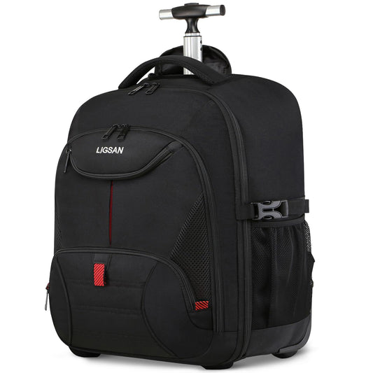 LIGSAN Travel Backpack with Wheels, 17inch Wheeled for Men Women Rolling Laptop Bags on Wheels Waterproof Rucksack Cabin Bag Trolley Suitcase Business College School Bag, Black