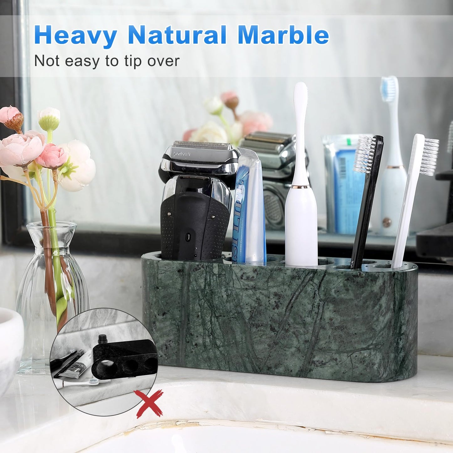 BCS Toothbrush Holder for Bathrooms, 6 Slots Marble Toothbrush Organizer, Makeup Brush Stand Toothbrush Storage Collection for Bathroom Countertop Vanity Organization - Indian Green
