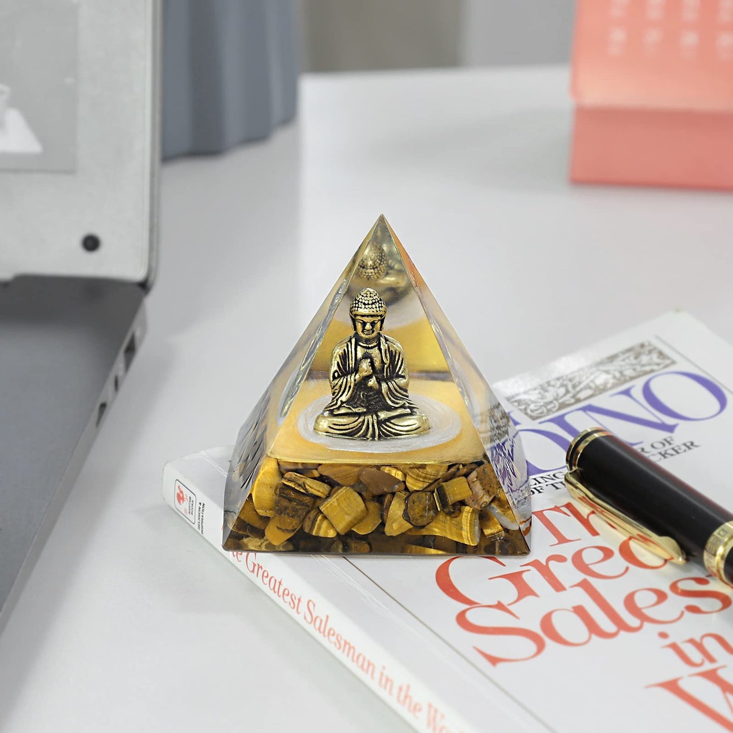 mookaitedecor Brass Buddha Statue Crystal Orgone Pyramid with Tiger's Eye Chip Stones, Orgonite Energy Generator for Healing Yoga Meditation Feng Shui Decor