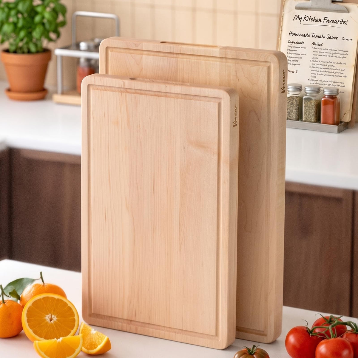 Vandroop Hard Maple Cutting Board for Kitchen - 16"x10"x1.06" Reversible Wood Chopping Board with Juice Groove, Edge Grain Butcher Block