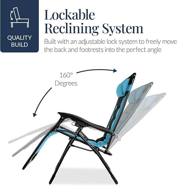Best Choice Products Oversized Padded Zero Gravity Chair, Folding Outdoor Patio Recliner, XL Anti Gravity Lounger for Backyard w/Headrest, Cup Holder, Side Tray, Polyester Mesh - Light Blue/Black