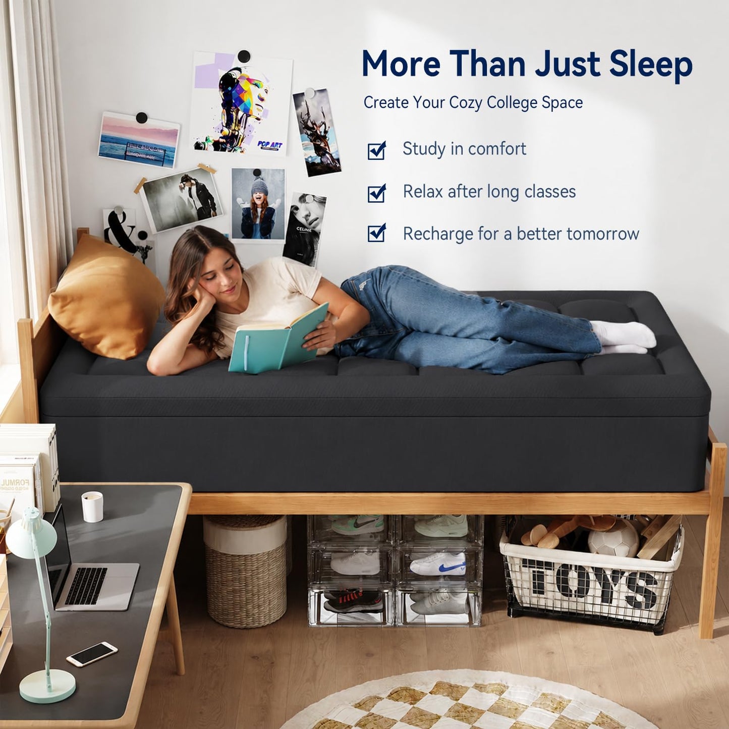 ELEMUSE 3 Inch Dual Layer Memory Foam Mattress Topper Twin XL, Dorm Room 2 Inch Cooling Gel Memory Foam Plus 1 Inch Down Alternative Pillowtop Mattress Pad,College Essential, Comfort Support, Black