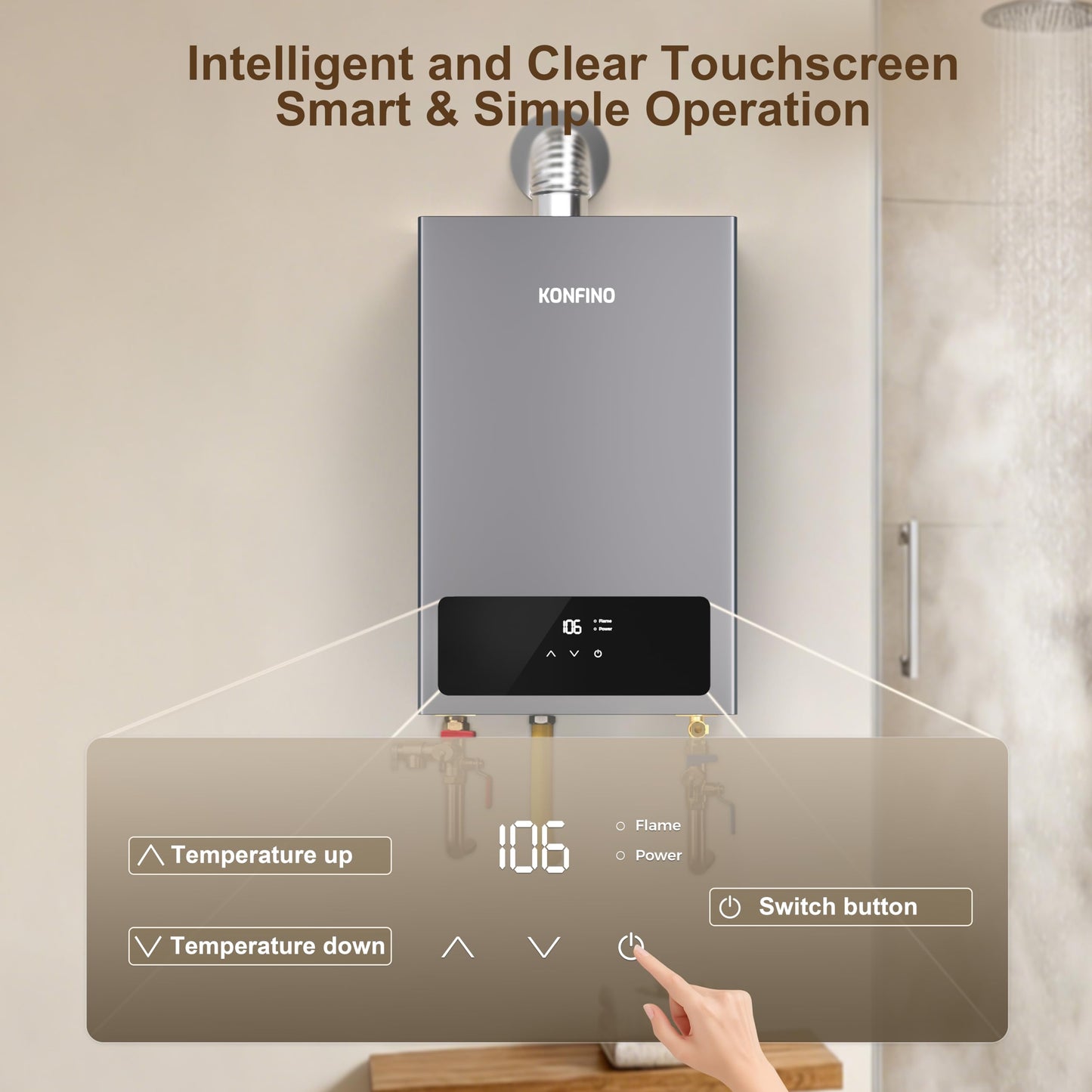 Konfino Indoor Natural Gas Tankless Water Heater - Up to 4.3 GPM, 102,000 BTU for 3-4 Water Point Use, On Demand Instant Hot Water Heater with Smart Digital Display, Multi-Protections & Alarm System