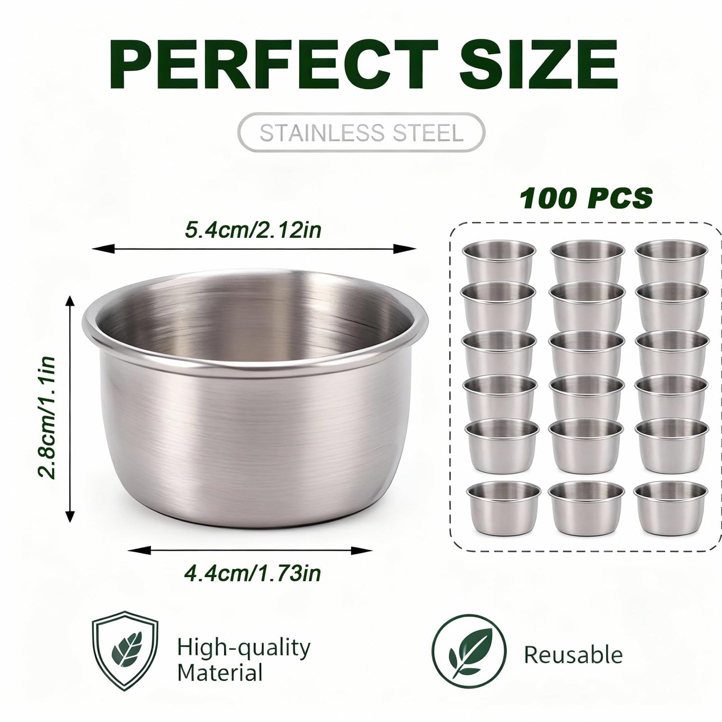 CathJune 100 Pcs 1.5 oz Stainless Steel Ramekins, Metal Dipping Sauce Cups, Small Condiment Cups for Kitchen, Restaurant, Camping, BBQ, Party and Seafood