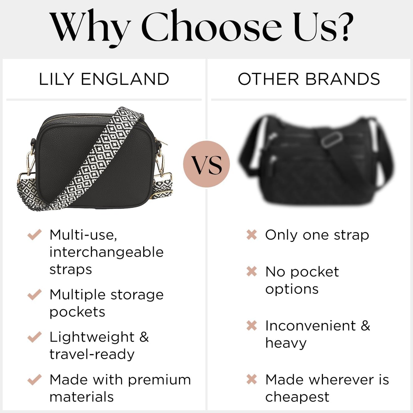 Lily England Cross Body Bag Women - Multiple Pockets - Adjustable Wide Strap and Chain - Black Handbag Crossbody - Over the Shoulder Bag