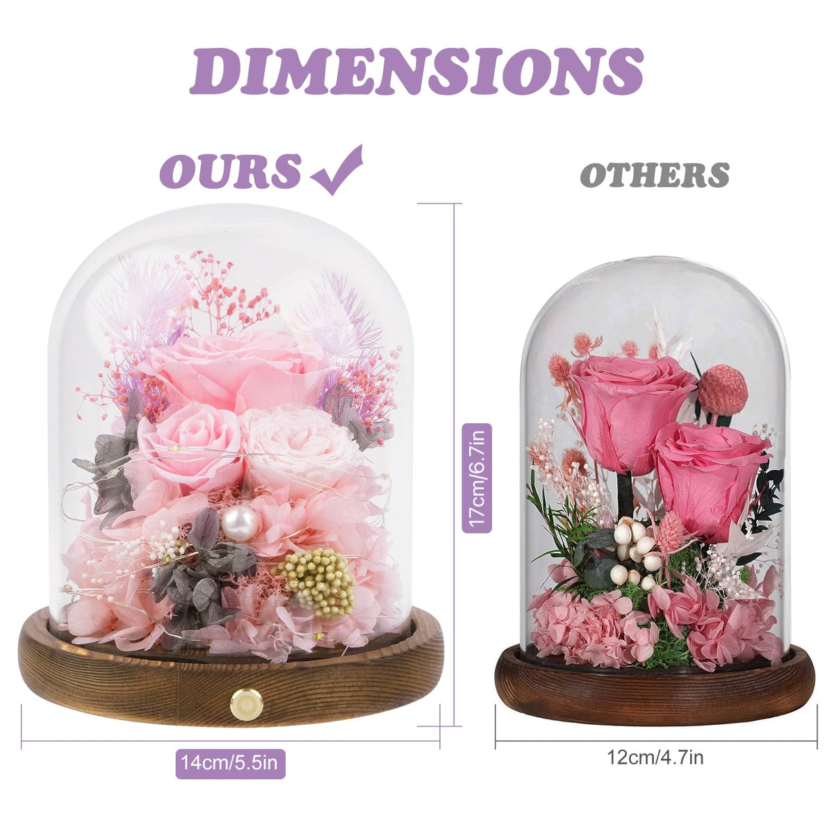 Large Preserved Flowers with Card&Box-Flowers for Delivery Prime,Eternal Rose with Lights,Roses in Glass Dome,Romantic Gift for Her,Decoration,Fresh Rose Flowers for Mom, Birthday, Anniversary (Pink)
