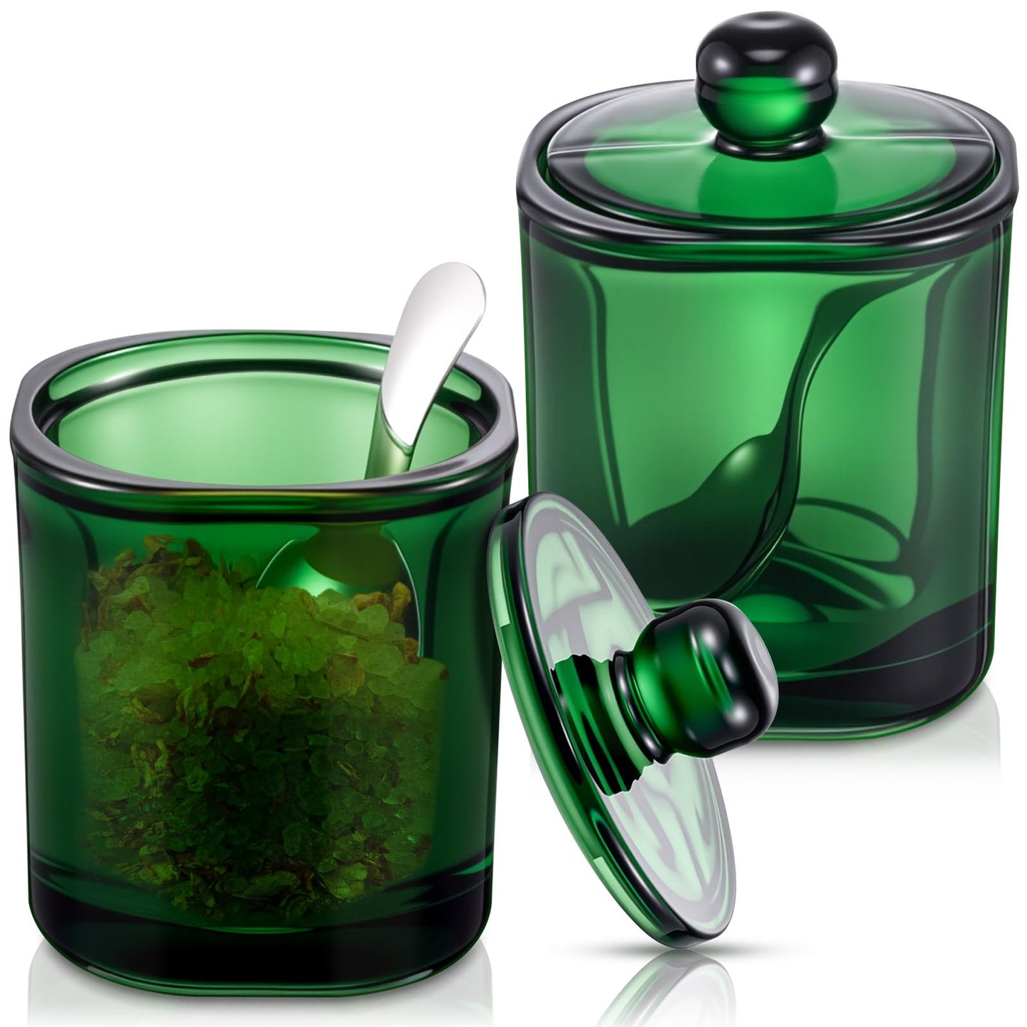 Reallnaive 2 Pack Glass Salt Cellar with Lid and Spoon, 8.7oz Storage Container, Heavy Duty Seasoning Jar for Sea Salt, Kosher, Sugar, Spice, Pepper, Dishwasher Safe for Kitchen Countertop