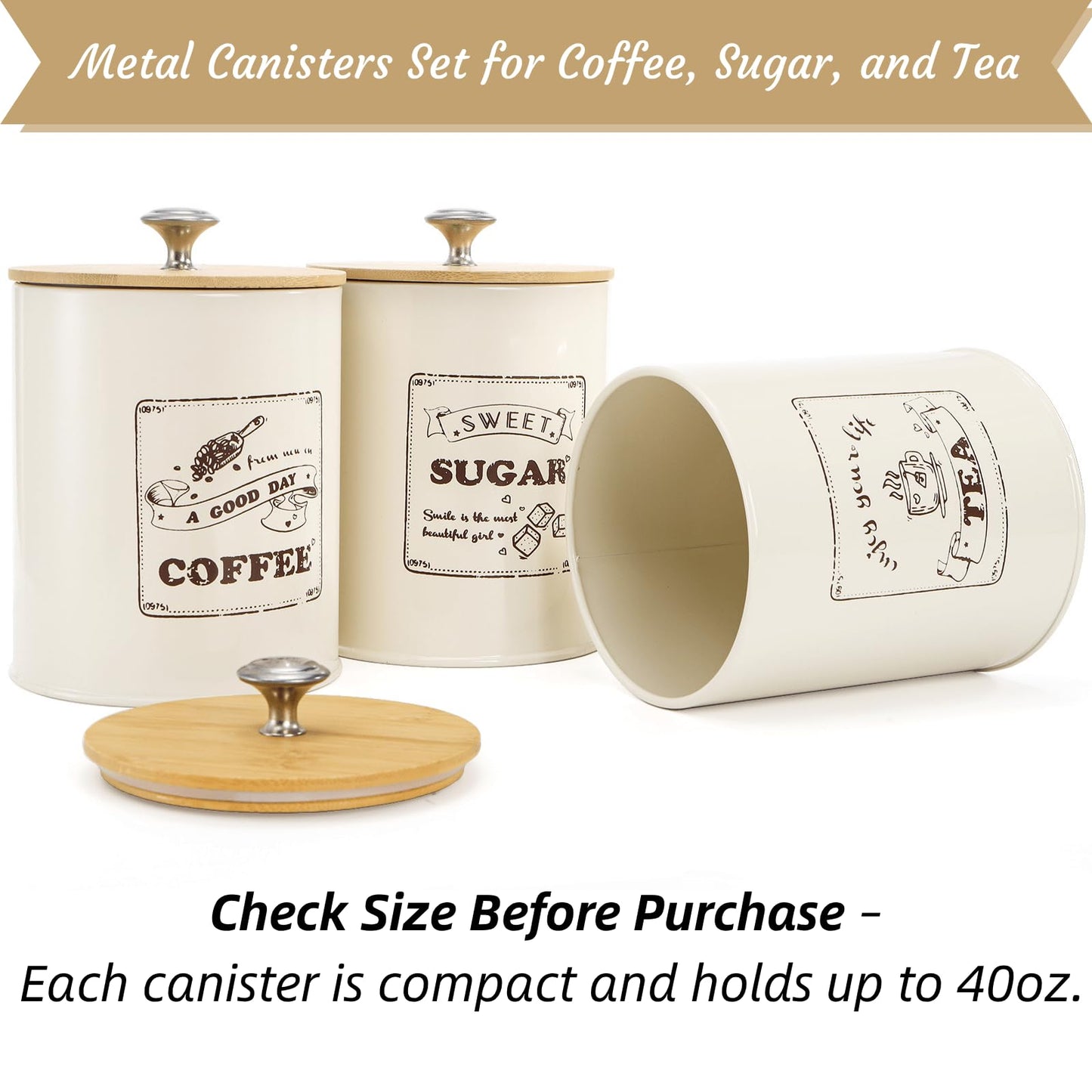 Youeon Metal Canisters Sets for the Kitchen, 40 Oz Coffee Sugar Tea Container Set, Farmhouse Style, Food Storage Containers with Lids for Countertop, Cabinet, Coffee Bar Decor, Beige