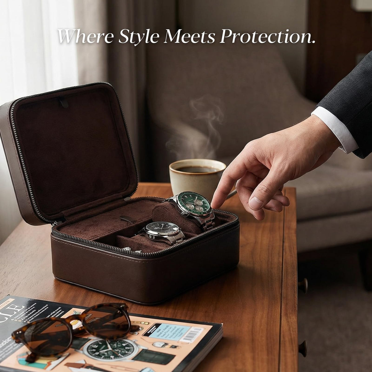 Lumayina Travel Watch Case for Men, Watch Box with Ring Rolls & Accessory Compartments, PU Leather Portable Men's Jewelry Organizer, Fits up to 50mm Watches, Gift for Him (Large – 2 Slot)