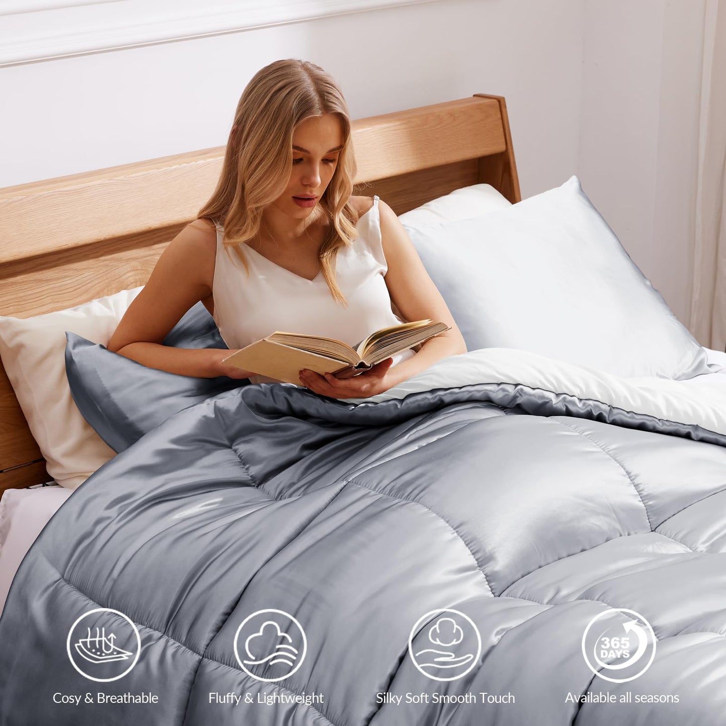 Whale Flotilla 3-Piece Reversible Silky Soft Queen Comforter Bedding Set, Luxurious Satin Comforters Full Size with 2 Satin Pillowcases, Lightweight Duvet for All Seasons, Grey