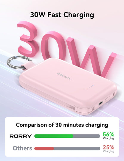 RORRY Portable Charger, 10000mAh PD 30W Fast Charging Portable Charger Power Bank with Built-in Cables, Travel Keychain Charger Battery Pack for iPhone 17/16/15/14/13/12, for AirPods 2/3/4/Pro, Green