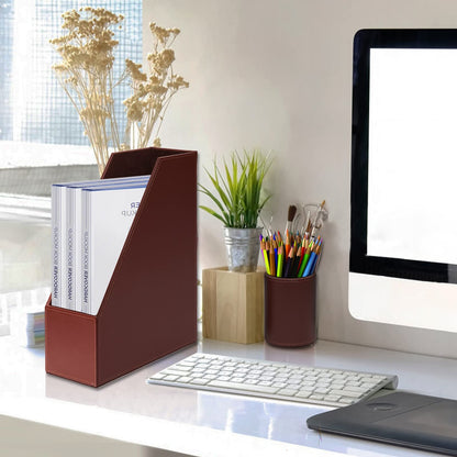XNONE Office Supplies PU Leather 6-Piece Desk Organizer with Writing Pad, Letter Tray, File Folder Sorter, Pen Cup, Note Holder, Business Card Holder - Brown