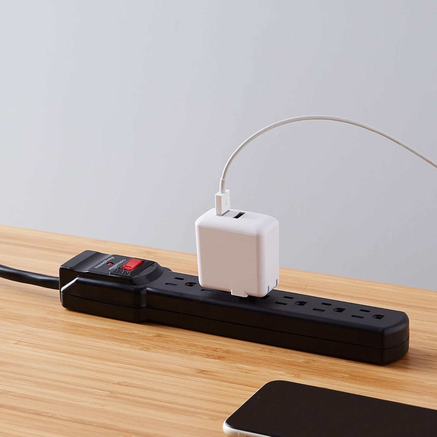 Amazon Basics Rectangle 6-Outlet, 600 Joule Surge Protector Power Strip, 2ft, Small, White, 2-Pack