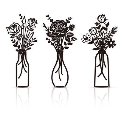 Wcro Metal Flowers Wall Decor,3 Pieces Rose Design Metal Wall Art,Rustic Farmhouse Decor for Garde Living Room Dining Room Bathroom Kitchen,Home Decor Gift (black-rose).