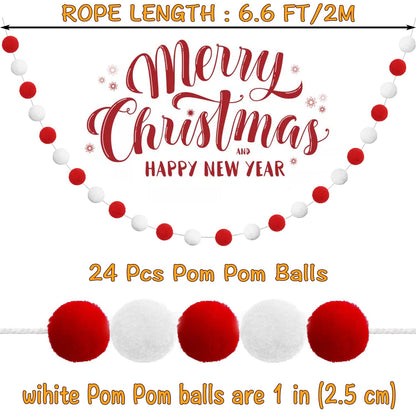 Jishi 3-Pack Pom Pom Garland Red and White Felt Ball Ornament Garland Christmas Decorations, Cute Pompom Strings for Christmas Tree Decor, Xmas Holiday Party, Birthday Banner - 6.6 Feet Long, 24 Balls