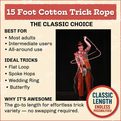Western Stage Props - Cotton Trick Rope Lasso |Cowboy and Cowgirl | Beginner or Advanced Lariat Looper for Kids and Adults, 15 Foot | Made in USA