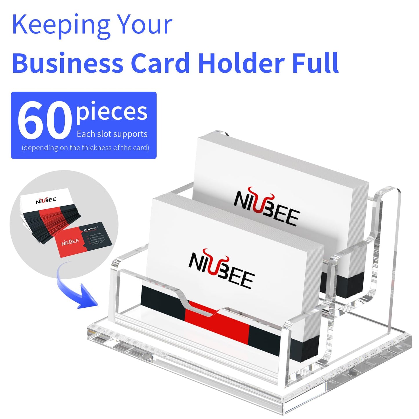 NIUBEE Clear Business Card Holder 2 Tier Acrylic Business Card Stand, 2 Slots Business Card Display for Desk Counter, 150 Card Capacity, 1 Pack