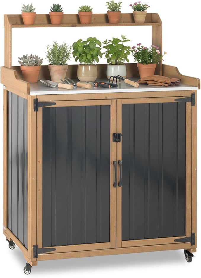 Potting Bench Table & Outdoor Storage Cabinet with Lockable Wheels, Adjustable Shelves, Mobile Waterproof Metal Top Workstation for Garden Patio BBQ Organization, Magnetic Latch & Edge Guard