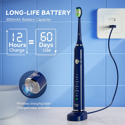 JTF Electric Toothbrushes for Adults, Portable Sonic Toothbrush with 6 Brush Heads & 5 Cleaning Modes, 40000 Vpm & Ipx7 Sonicare Rechargeable Toothbrush with Travel Case & 2 Mins Smart Timer,Navy Blue