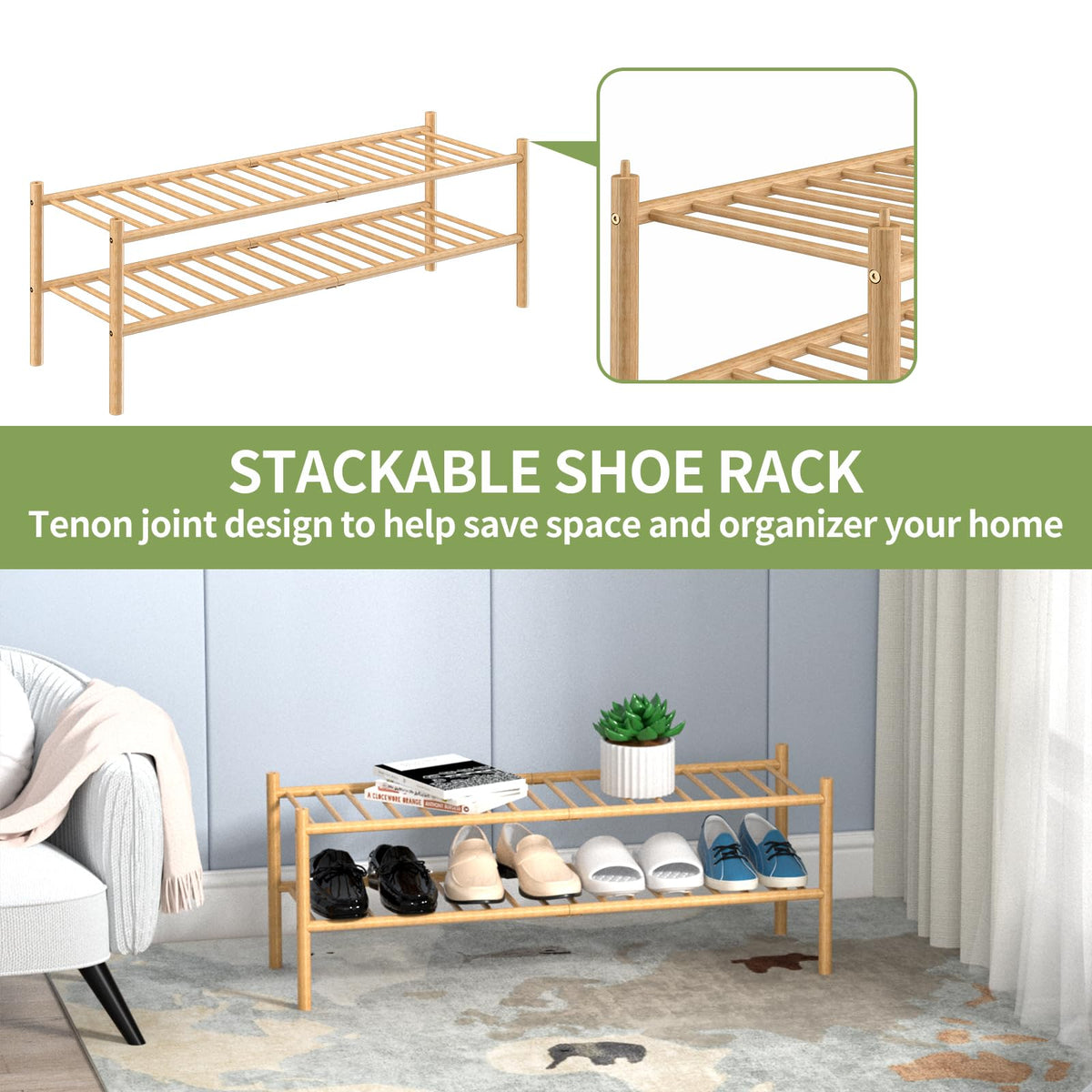 ROMGUAR CRAFT 2-Tier Bamboo Long Shoe Rack, Free Standing Wood Shoe Shelf Storage Organizer for Closet Entryway Stackable 35"x11"x13" (Natural)